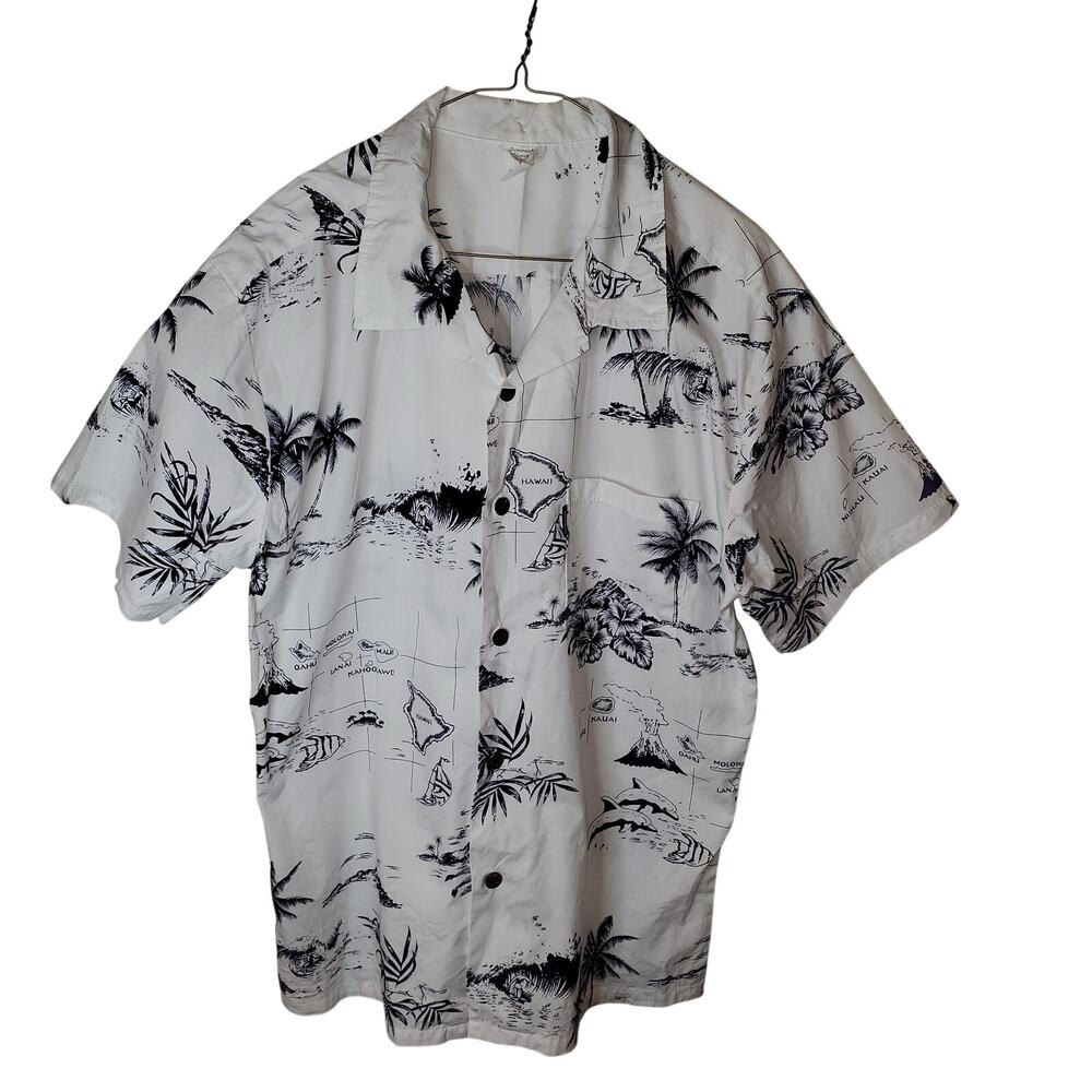Palmwave Hawaii Map Print Hawaiian Button Up Shirt Cotton Size L Cruise Resort